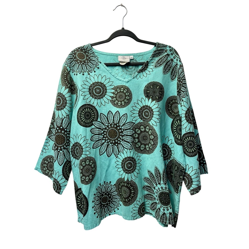 Hot Cotton 3X Tunic Top Boho Linen Blend Artsy Lagenlook Hippie Festival Ethnic